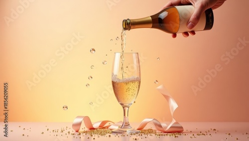 Hand pours sparkling wine from a bottle into a flute glass surrounded by festive decorations