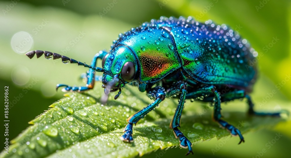 Fototapeta premium a close up of a blue beetle on a green leaf