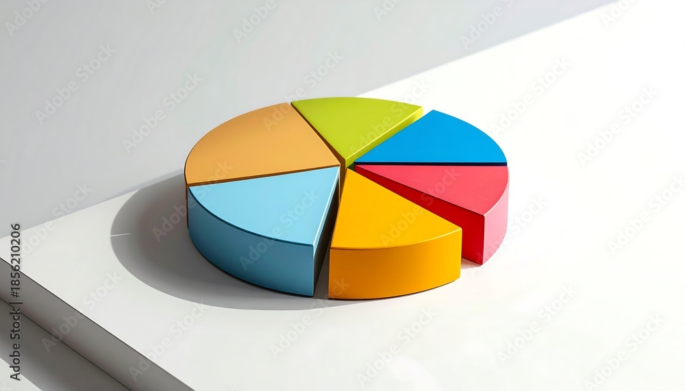 Obraz premium Colorful 3D Pie Chart Segments Representing Data Analysis and Business Growth on a Clean Background