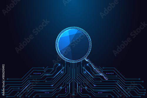 Search technology, data analysis and digital research concept with magnifying glass on circuit board