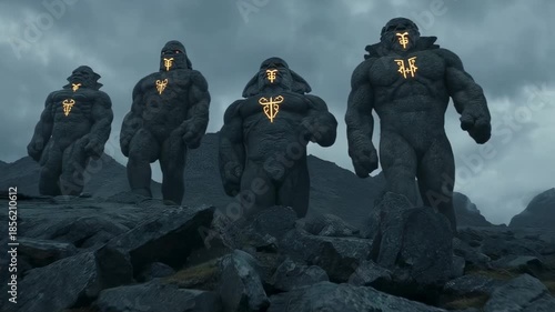 Four towering stone figures with glowing symbols on faces and chests stand on a rocky landscape