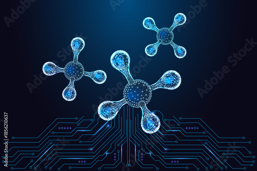 Futuristic digital molecule clusters above circuit board in neon polygon tech style, vector