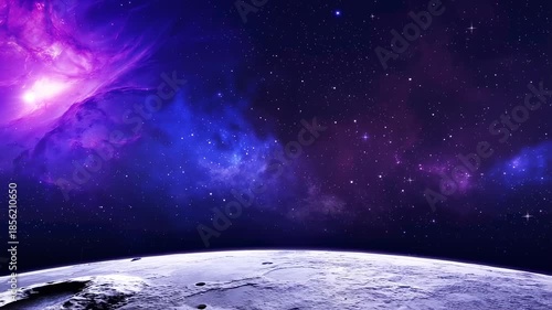 A celestial landscape depicts a planet's surface and a vibrant nebula with a starlit background