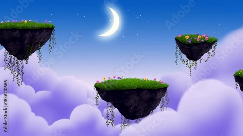 Animated fantasy scene features floating islands, a crescent moon, and flowers