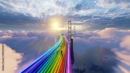 A colorful bridge stretches over clouds towards a bright sun, a surreal and dreamy scene
