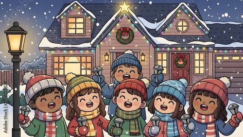Joyful illustration of smiling children singing Christmas carols in a snowy neighborhood with festive lights.