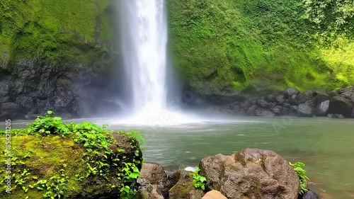 Lush waterfall cascades into a serene pool, surrounded by vibrant green vegetation and rocks