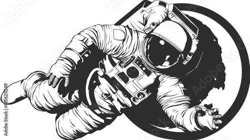 Detailed illustration of an astronaut floating in outer space, engaged in a spacewalk, cosmic exploration graphic art.
