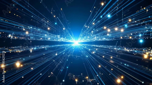 A dynamic abstract blue light tunnel with glowing particles representing fast data flow and digital connectivity in a futuristic technological landscape.