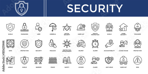 Security icon set collection. Containing residence, monitoring, plan, secure, human, locked, investment .Line vector icons collection

