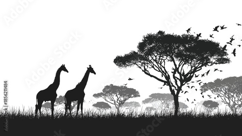 African Savanna Wildlife Silhouette with Two Giraffes, Acacia Trees, and Flying Birds in Black and White Graphic Illustration