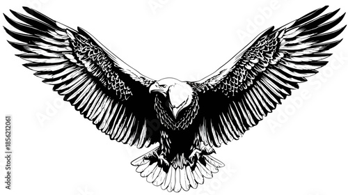 Majestic flying eagle with spread wings, a powerful and freedom-symbolizing predatory bird illustration in black and white sketch style.
