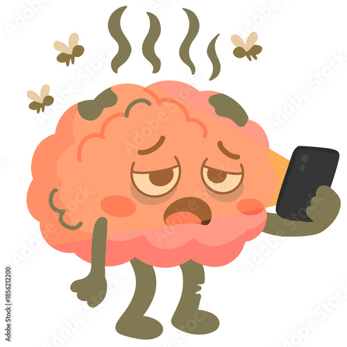Foto Cartoon Brain Character Scrolling on Phone Tired