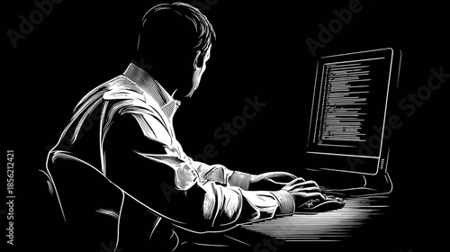 Focused silhouette of a person coding or typing on a computer keyboard in a dark room, screen light illuminating, representing technology and cybersecurity.