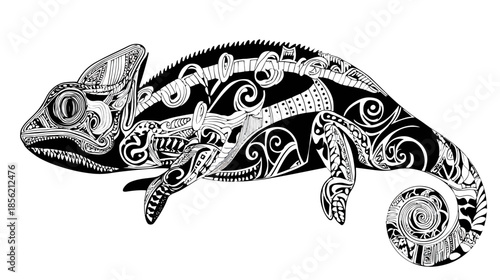 Intricate Black and White Chameleon Illustration with Decorative Patterns. Stylized Reptile Art for Design.