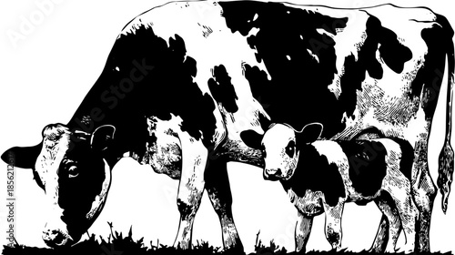 Black and white vector illustration of a mother cow and her calf. Farm animals, livestock, bovine family, agricultural scene.