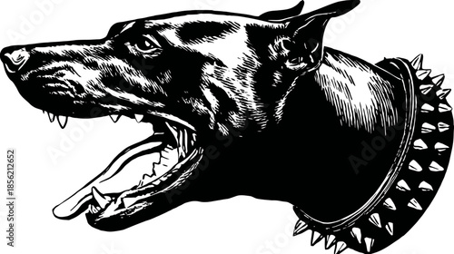 Aggressive Doberman dog head illustration in black and white, snarling with sharp teeth and spiked collar.