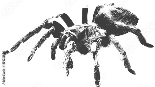 Detailed black and white illustration of a hairy spider, large arachnid artwork. Ideal for themes of fear, phobia, nature, and Halloween.
