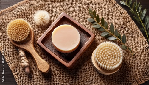 wooden soap dish natural soap body brush on burlap top view