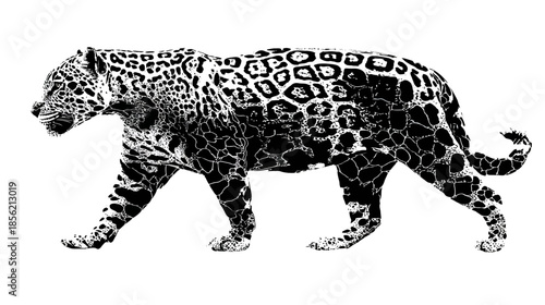 Majestic black and white jaguar walking, showcasing its unique spotted fur pattern. A powerful wild feline predator.