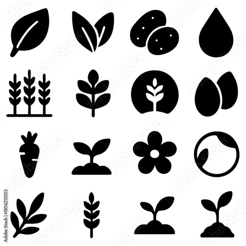 Botanical Silhouette: Collection of iconographic elements depicting leaves, sprouts, and various agricultural crops, presenting a unified aesthetic of nature's bounty.