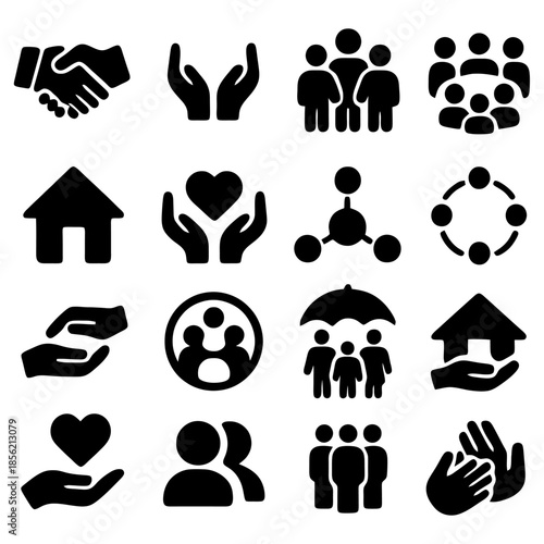 Community of Care: A compilation of icons representing the essence of support, togetherness, protection, and love, fostering a sense of unity and shared responsibility.