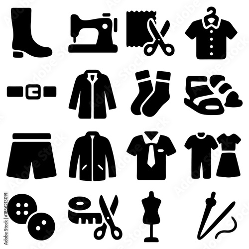 Clothing and Accessories Icon Set: A comprehensive collection of meticulously crafted, minimalistic icons, showcasing a range of apparel items and accessories.