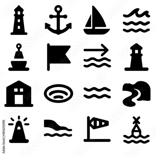 Nautical Navigation Icons: An array of nautical icons, from a lighthouse to sailboat and anchor, each rendered in a sleek, minimalist style that adds visual interest to any design.