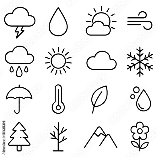 Weather Icon Set: A comprehensive collection of meticulously crafted line icons representing diverse weather conditions and seasonal elements, designed for various applications. 
