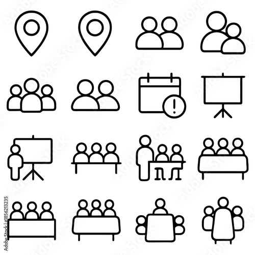 Iconic Communication: A set of clear, concise icons that represent location markers, meeting attendees, and event details. Use for business, and social contexts. 