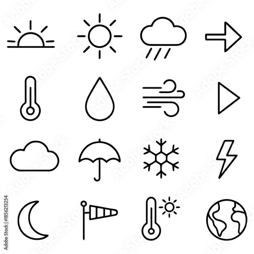 Weather Elements Icons: A collection of simple, clear icons representing various elements of the weather, perfect for weather forecasts, educational materials, or design projects.