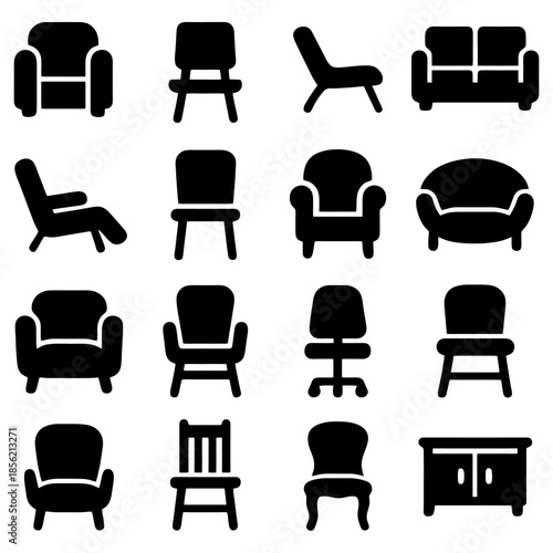 Variety of Chair Design: A comprehensive collection of diverse chair designs, each uniquely styled. Showcasing an array of seating options, ideal for design, furniture and interior project needs.
