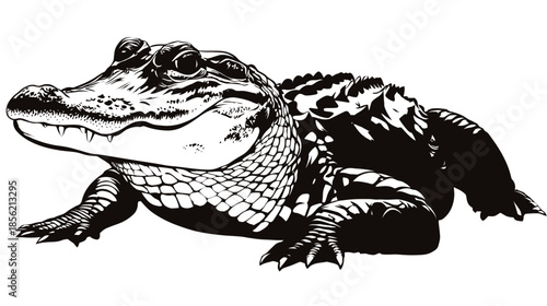 Black and White Stylized Illustration of a Powerful Alligator, a Fierce Reptile Predator in Wildlife Art