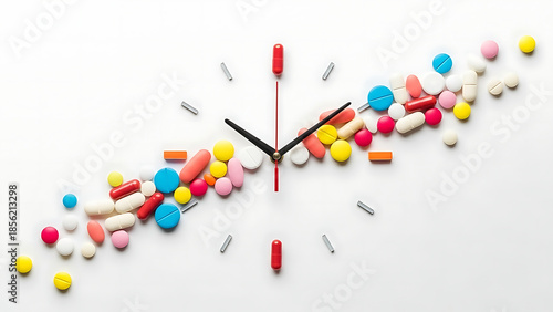 Medicine Clock with Pills on White Background
