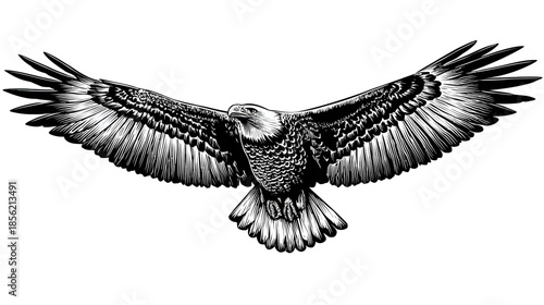 Powerful Flying Eagle Illustration with Outstretched Wings. Detailed Black and White Sketch of a Majestic Bird of Prey in Flight