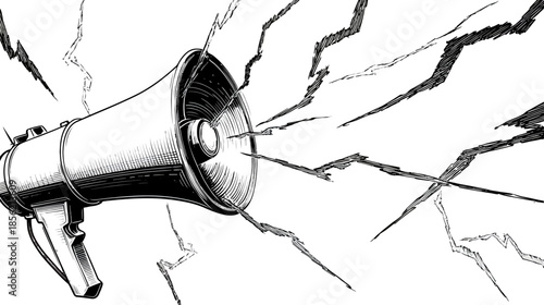 Monochrome hand-drawn megaphone broadcasting sound waves illustration. Vintage style bullhorn drawing for announcement or communication.