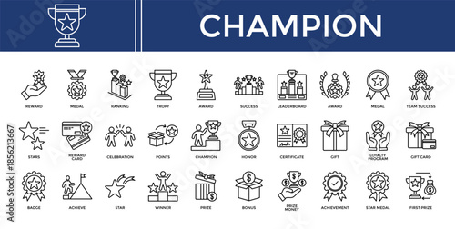 Champion icon set collection. Containing score, achieve, honor, certificate, program, win, profit .Line vector icons collection