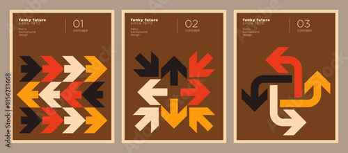 Brochure cover set in a retro style with arrows as a main motif. Vector illustration.