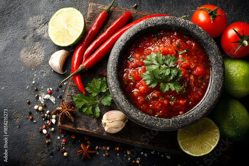 Tomato salsa (salsa roja) - traditional mexican sauce with ingredients for making on a light grey slate,stone or concrete background.Top view with copy space.