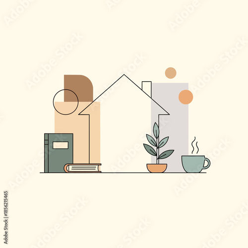 Cozy Home Illustration: Books, Plant, Coffee, Abstract Shapes