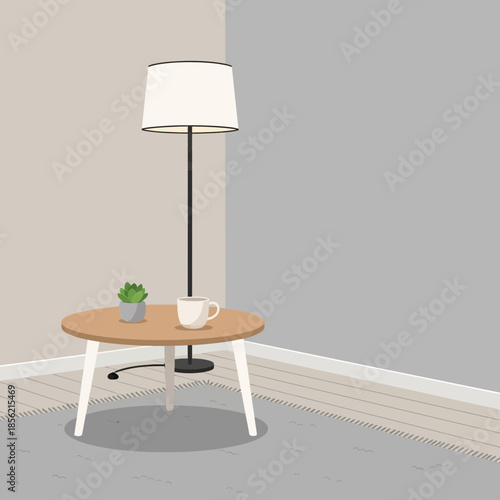 Cozy Corner: Floor Lamp, Coffee Mug, and Plant on a Round Table