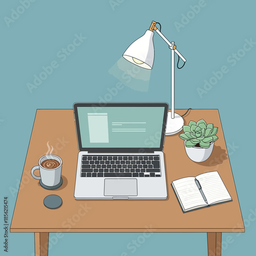 Cozy home office desk with laptop, coffee, lamp, and succulent plant