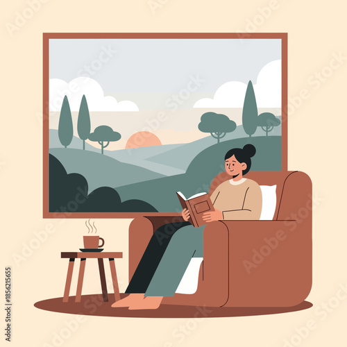 Woman reading book in armchair by window with landscape view, enjoying quiet moment