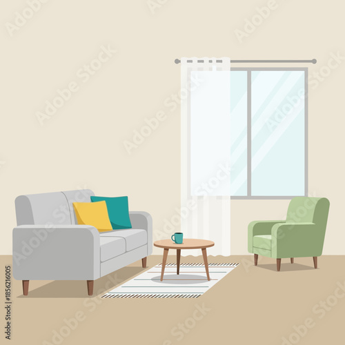 Cozy Living Room Interior with Sofa, Armchair, Coffee Table, and Window