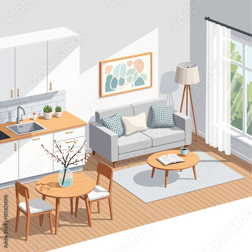 Cozy Modern Living Room and Kitchenette with Natural Light and Greenery View