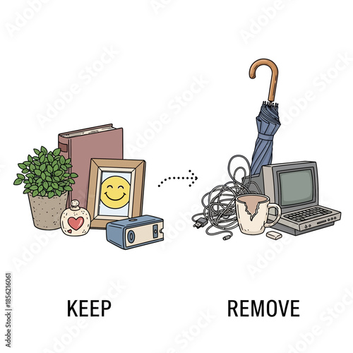 Keep vs Remove Concept: Decluttering and Organizing Home Items and Electronics