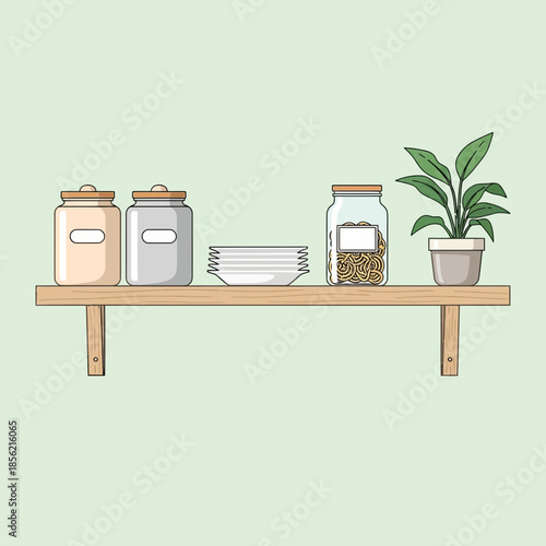 Kitchen Shelf with Storage Jars, Bowls, Pasta, and Potted Plant - Minimalist Illustration