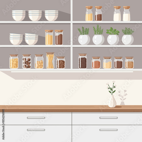 Kitchen shelves filled with jars of food, bowls, and potted plants
