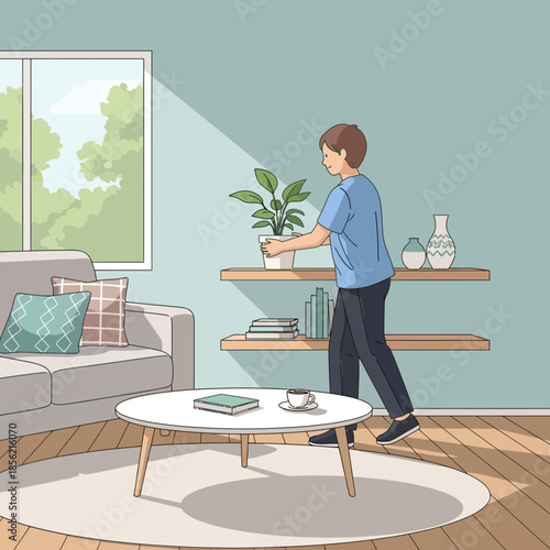 Man arranging potted plant on shelf in bright sunlit living room