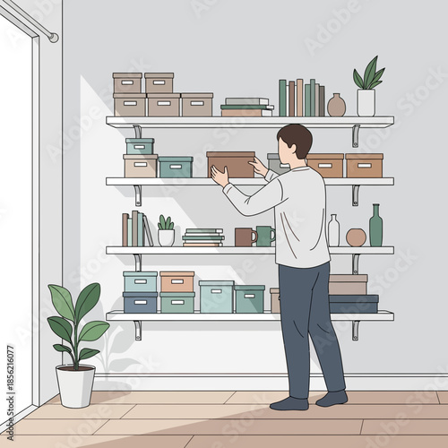 Man Organizing Storage Boxes and Books on Shelves in a Room
